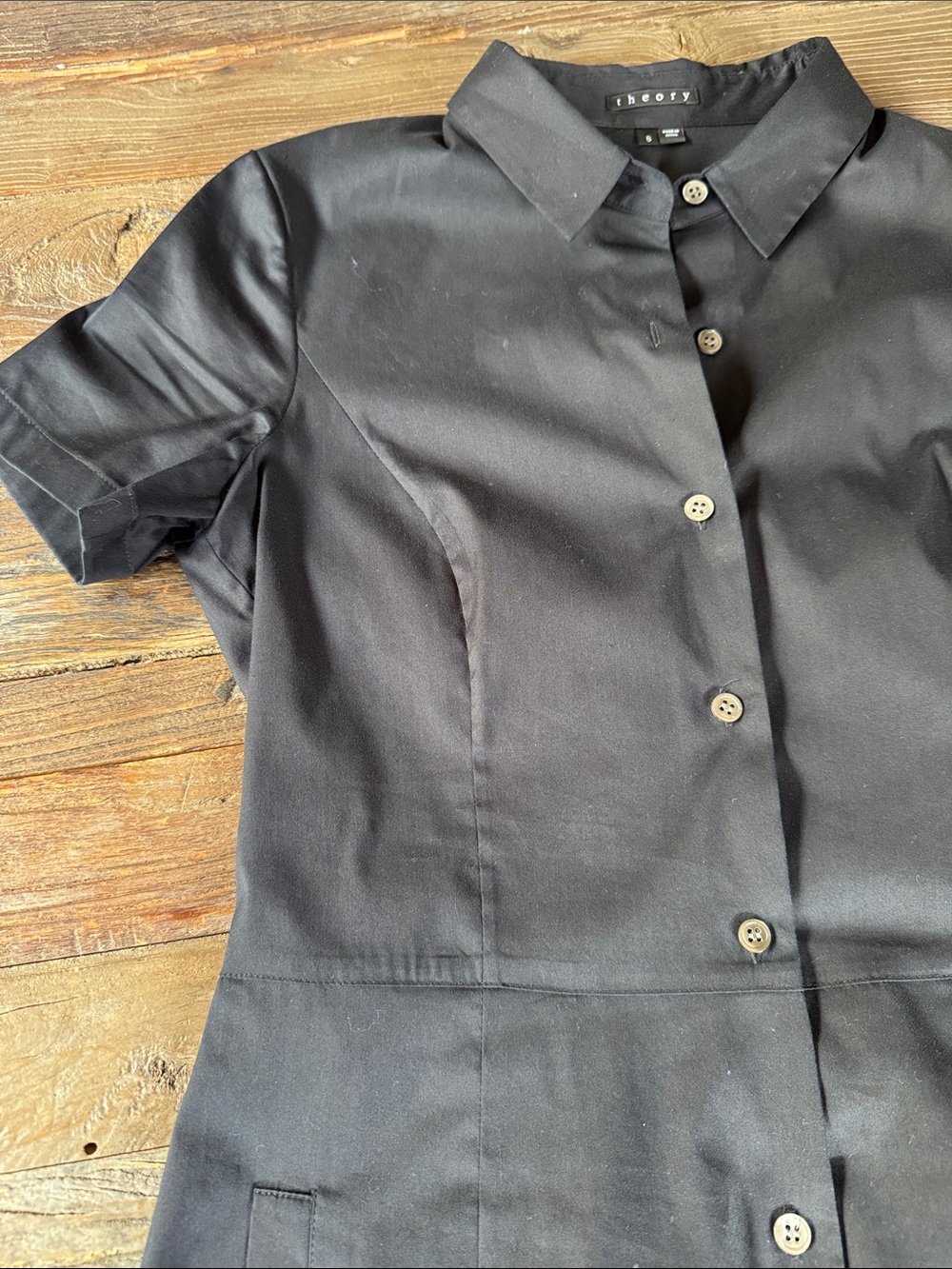 Theory black stretch cotton fitted short sleeve shirt midi dress small size 6 - Picture 9 of 10